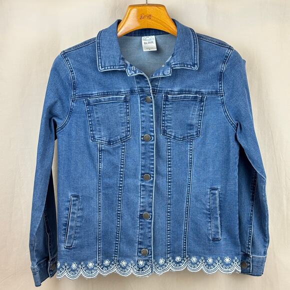 Blair Scalloped Embroidered Floral Stretch Denim Jean Jacket Size Small - Picture 1 of 12